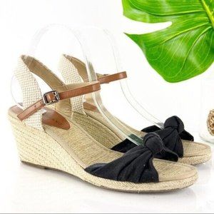 Lucky Brand Sandal Women Size 9.5 Wedge Espadrille Ankle Strap Black Canvas